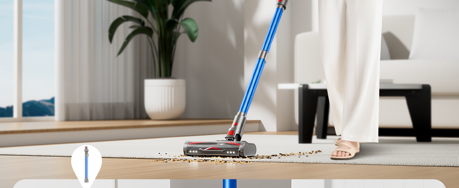 Бездротовий акумуляторний пилосос 48000Pa/580W/65Min, об'єм 1,8L, з функцією від'єднання пилу, антизаплутана щітка, 8-ступенева фільтрація. Підходить для килимів, шерсті тварин та твердих поверхонь. Колір: блакитний