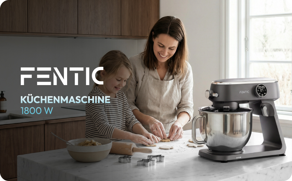 Планетарний міксер Küchenmaschine 1800Вт, чаша з нержавіючої сталі 7л, тістоміс для хліба та піци, 10 швидкостей з таймером, набір насадок та захист від бризок, сірий