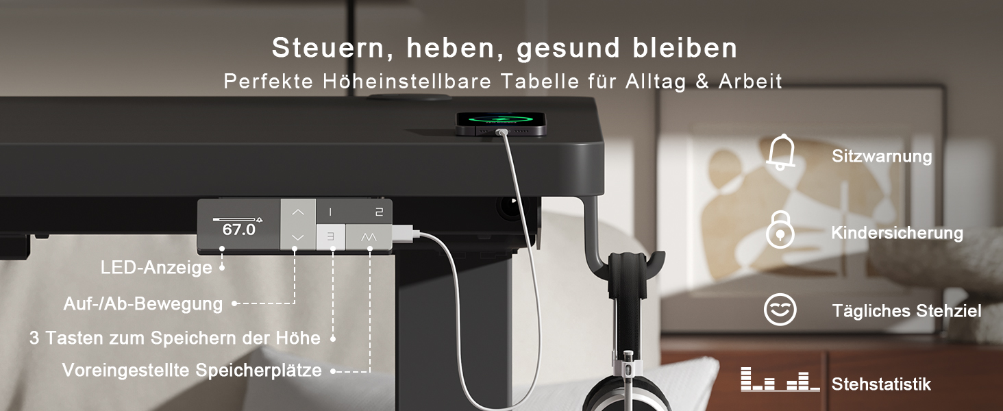 Електричний підйомний стіл Devoko 160x80 см, ергономічний комп'ютерний стіл для роботи стоячи та сидячи, стільниця 25 мм, подвійний мотор, пам'ять, USB-C (Чорний)