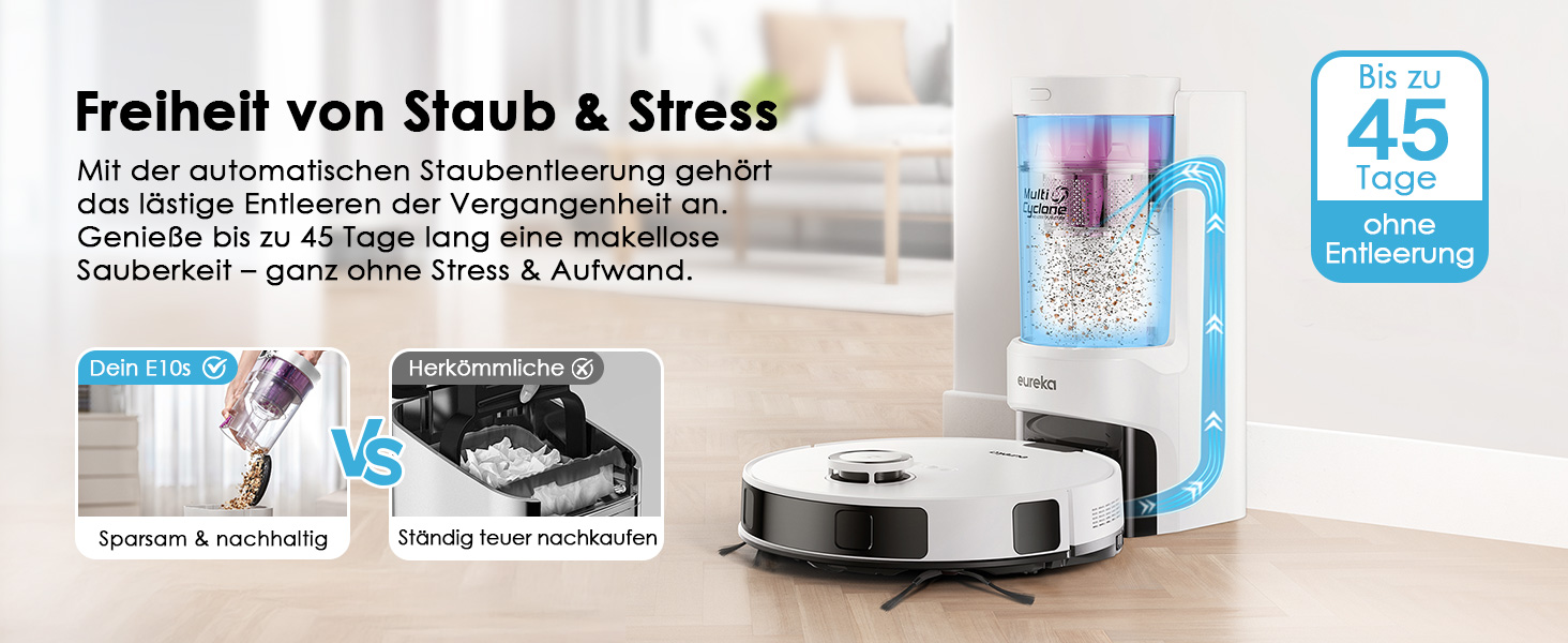 Робот-пилосос EUREKA E10s 2.Gen з вологою тканиною + станція самоочищення (4000Pa, автовиявлення килима, підйом мопа, LiDAR-навігація, ідеально для видалення шерсті тварин, керування через додаток/голос) (білий)