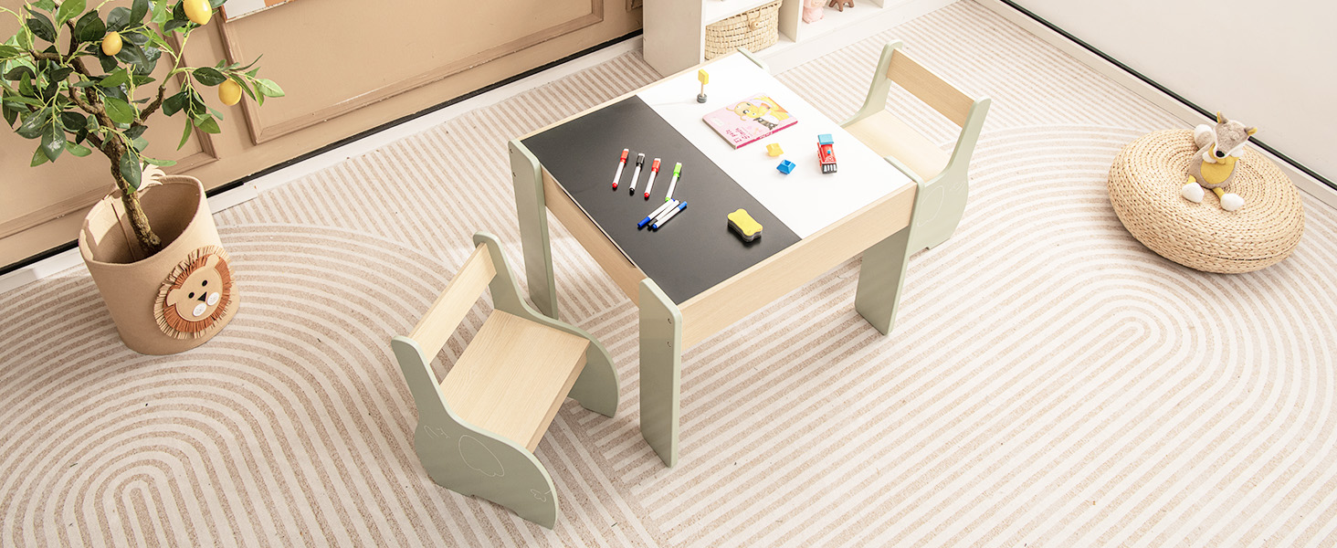 Дерев'яний дитячий стіл з 2 стільцями DREAMADE, 3 шт. Дитяча меблева група з двостороннім столом та місцем для зберігання, набір меблів для дітей, для хлопчиків та дівчаток (білий)