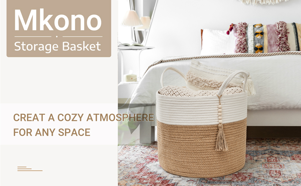 Кошик для білизни Mkono з натурального сизалю, плетений декоративний кошик для зберігання речей, жовто-білий, 40.6 x 35 см