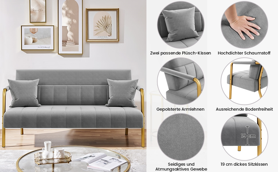 Ягетех Полицьове диван з підлокітниками та металевими ніжками. Сучасний двомісний диван з 2 подушками для попереку. Loveseat для вітальні/спальні, 143,5 см, світло-сірий