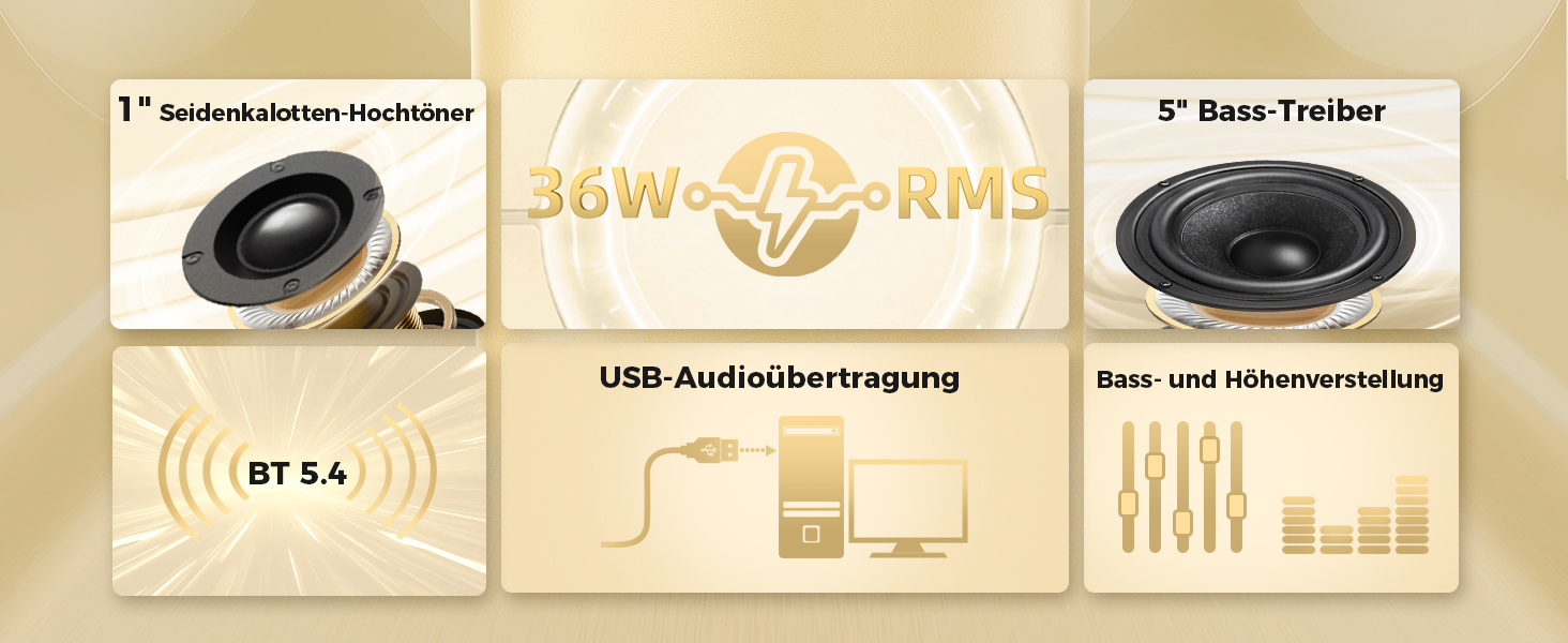 Активні полочні колонки 36W RMS, бездротові Bluetooth 5.4 динаміки для ПК з 5-дюймовим вуфером, USB-цифровим аудіо, регулюванням басів та високих частот, студійні монітори з RCA для вінілового програвача та ТВ, дерево