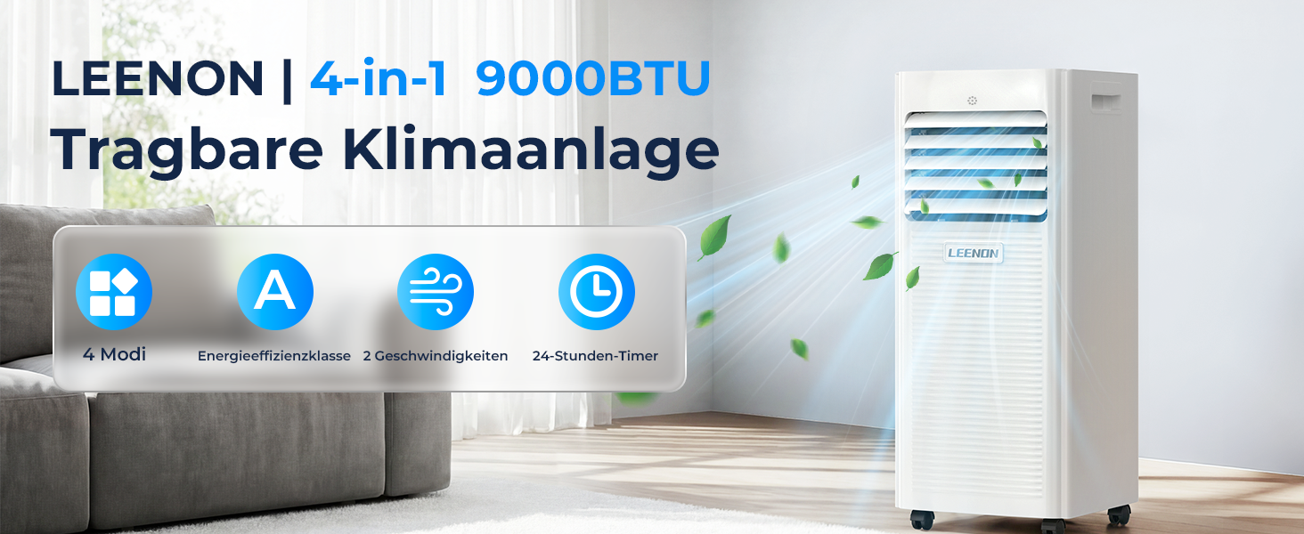 Мобільний кондиціонер LEENON 9000 BTU 4-в-1: охолодження, осушення, вентиляція, нічний режим. 2.6 кВт, білий. Для приміщень до 35 м²