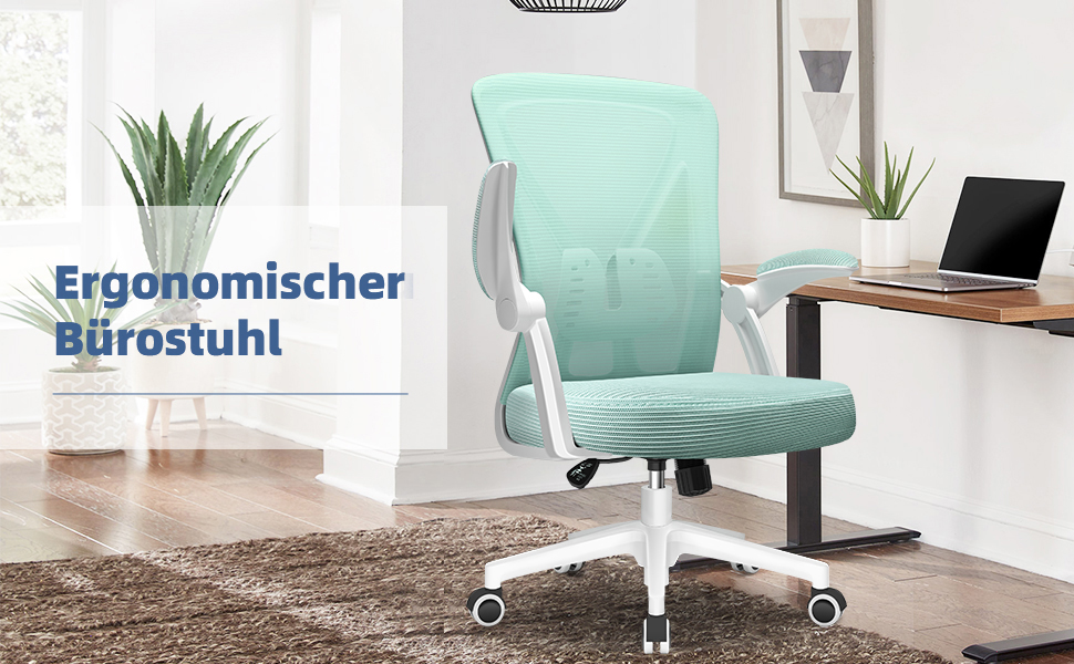 Офісне крісло Hinode з підйомними підлокітниками та функцією гойдання, 360° обертання, регульована висота, ергономічне крісло для дому та офісу з дихаючою сіткою, до 150 кг (Блакитно-зелений, Стиль 1)