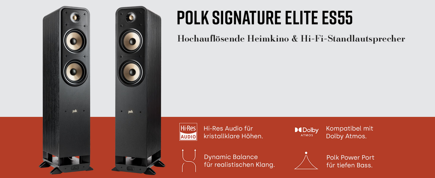 Підлоговий динамік Polk Audio Signature Elite ES55 HiFi, сумісний з Hi-Res, Dolby Atmos і DTSX, чорний