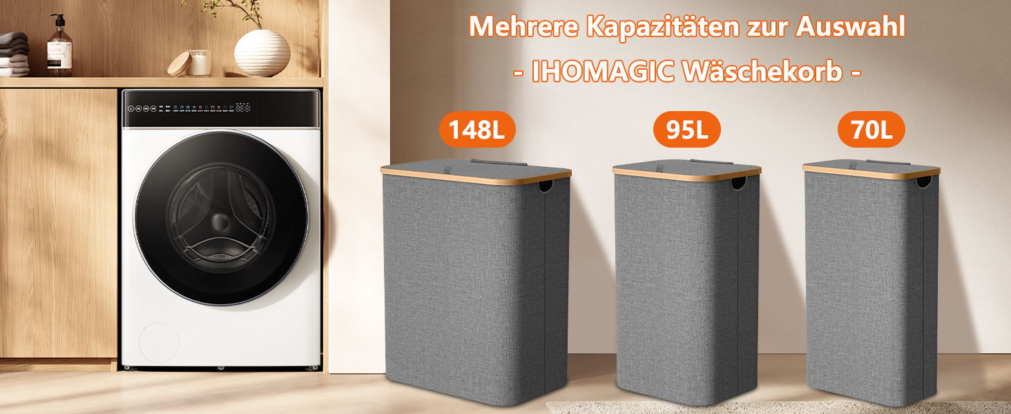 Кошик для білизни з кришкою, вузький, з бамбуковими ручками та внутрішньою кишенею, складаний, портативний, 148л, темно-сірий