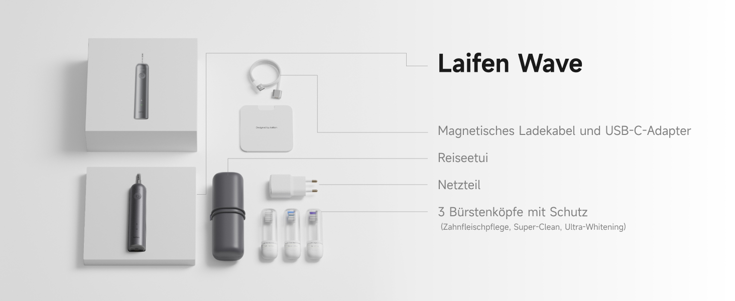 Електрична звукова зубна щітка Laifen Wave з 3 насадками, сіра, водонепроникна (IPX7), з магнітною зарядкою, для дорослих