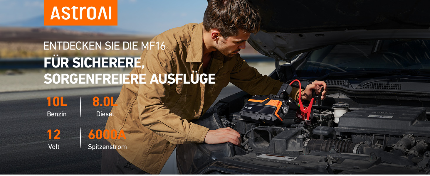 AstroAI MF16 Powerbank для запуску авто з компресором 150 PSI, 6000A, для 12V авто, мотоциклів, SUV, з LED-дисплеєм, помаранчевий