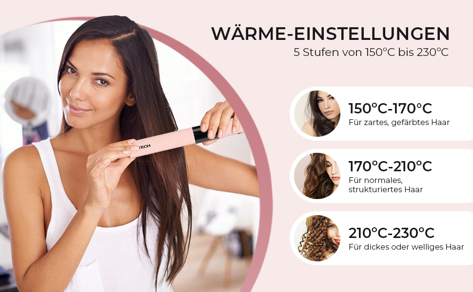 Праска для волосся PRITECH з титановими пластинами, LCD-дисплеєм, регульованою температурою 150-230°C, рожева