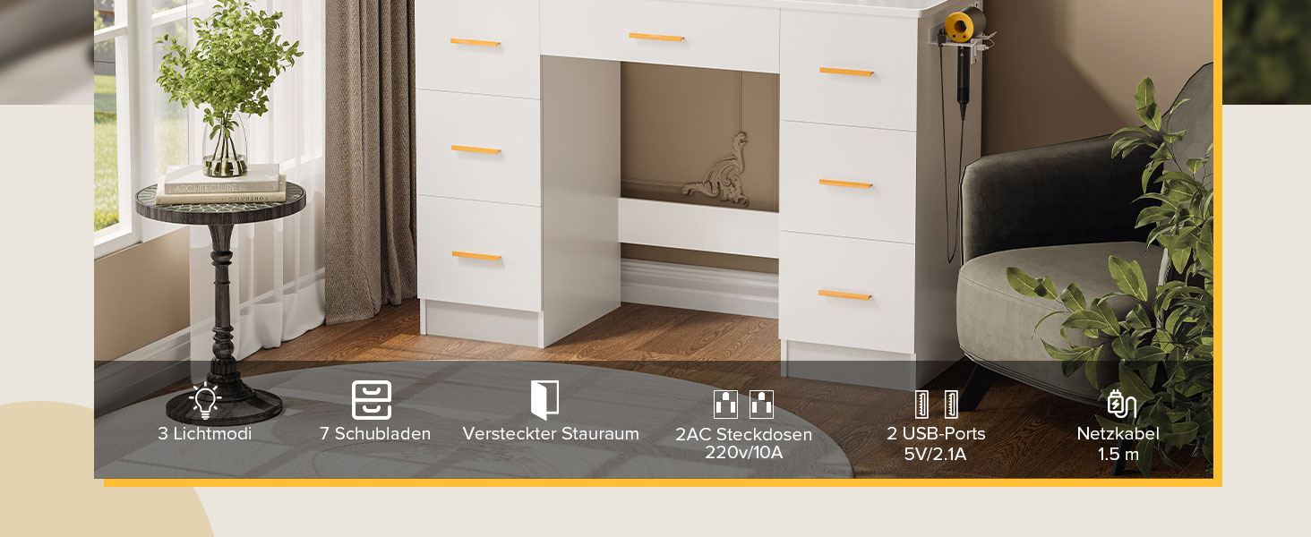 Дзеркальний туалетний столик Belife з підсвічуванням та 7 висувними ящиками, розеткою та 3 кольорами світла для спальні V5