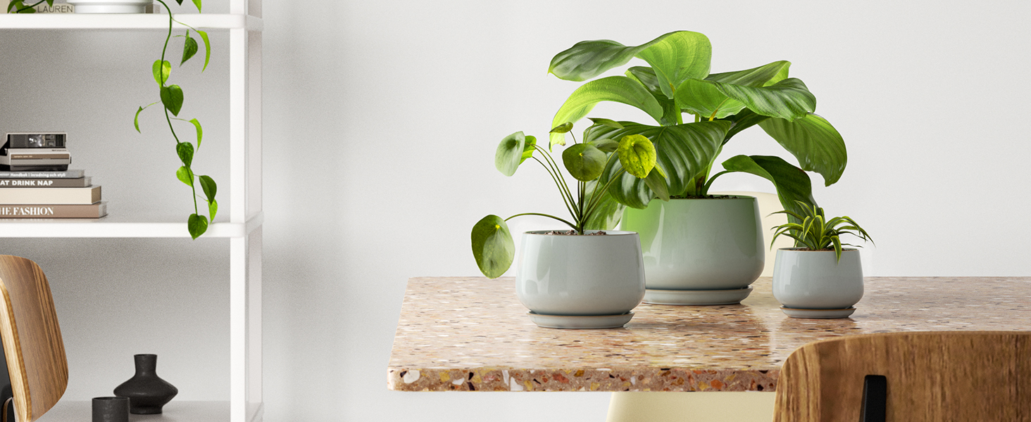 Керамічні горщики LE TAUCI з підставкою, 10+13+16 см, набір з 3 горщиків для кімнатних рослин, з дренажним отвором, реактивна глазур (блакитно-сірий)