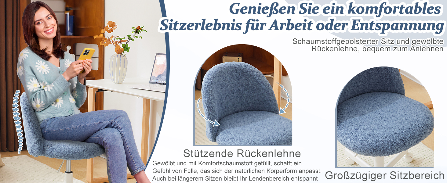 Крісло офісне Bonnlo з регулюванням висоти, для робочого кабінету, спальні, home office, обшите тедді, білий (блакитний)