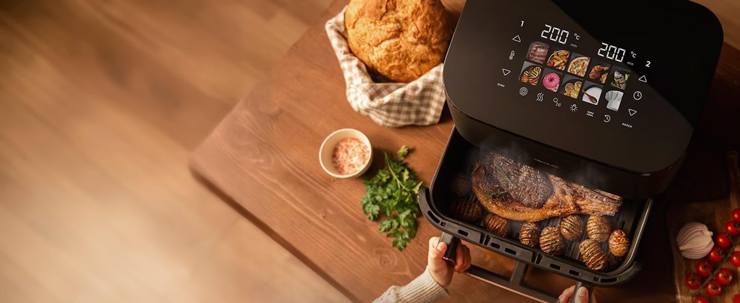 Аерофритюрниця-гриль Cecotec Cecofry&Grill Smokin' 6500 Plus 6.5л, 2200 Вт, з функцією копчення, гриль-платою та вікном, чорна