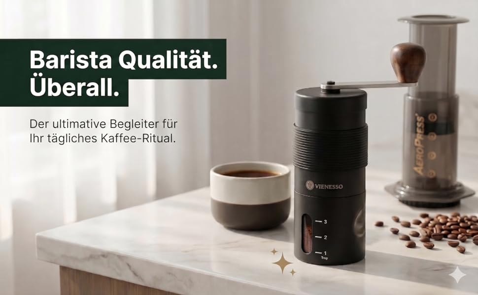 Ручна кавомолка Kaffeemühle з керамічними жорнами, чорна | Регульований помел для еспресо, компактна, для дому та подорожей