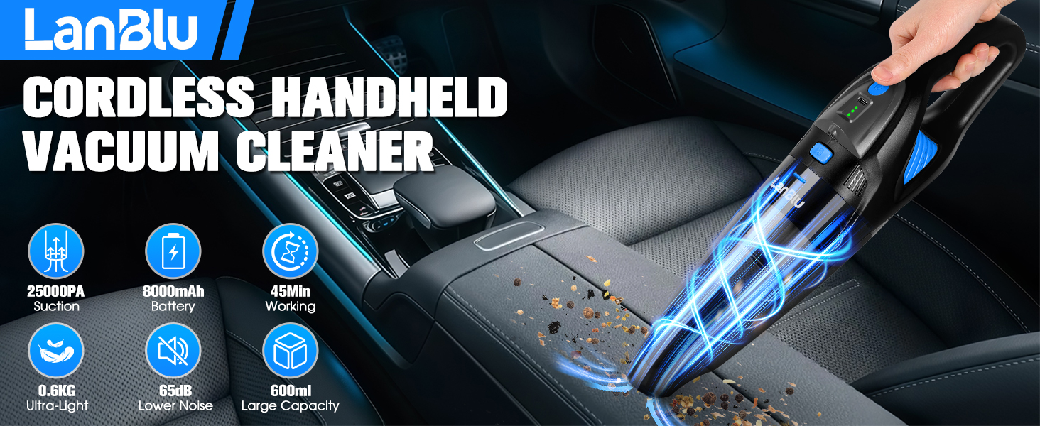 Акумуляторний ручний пилосос LanBlu для авто та дому, 25000Па, 120Вт, з LED-підсвіткою, зарядною станцією та мийним HEPA-фільтром, для вологого та сухого прибирання
