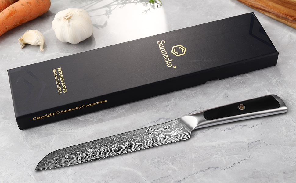 Ніж Sunnecko Дамаск - кухонний ніж з високоякісної сталі Дамаск. Багатофункціональний кухонний ніж для дому та кухні з ергономічною ручкою (8 дюймів, ніж для хліба)
