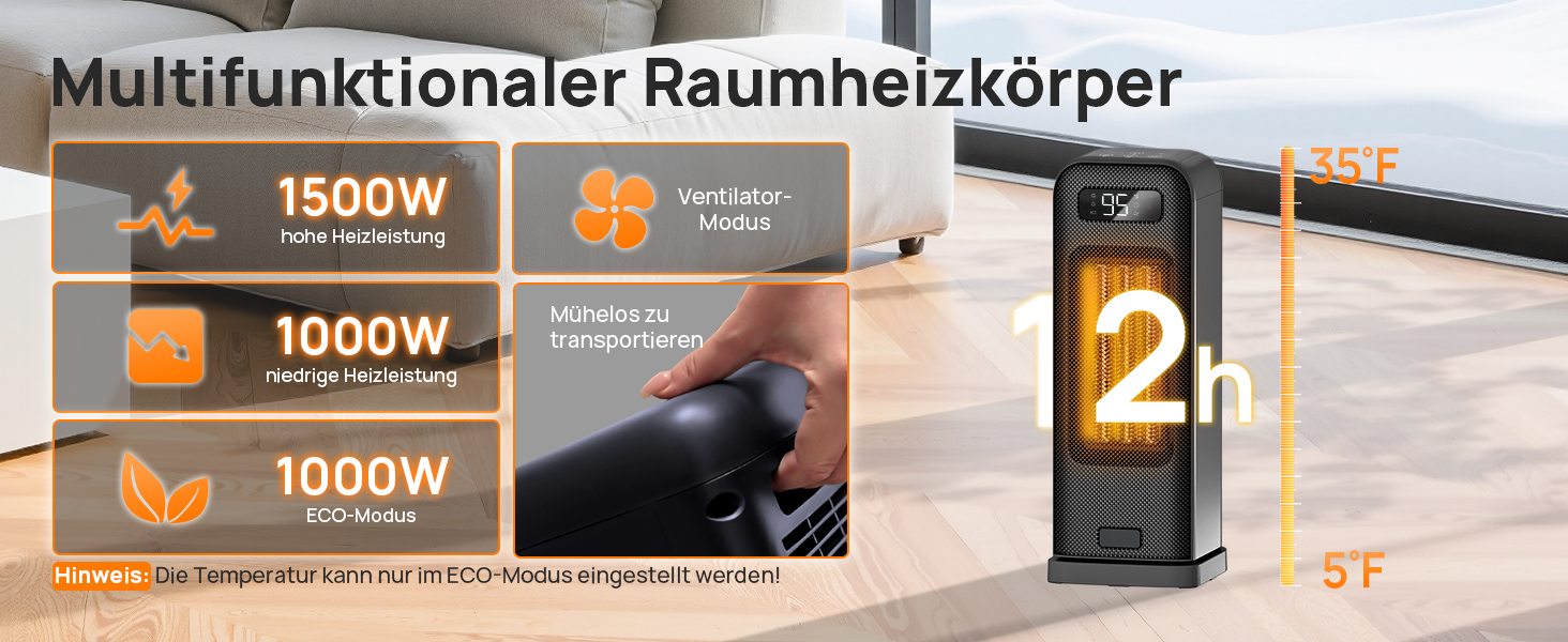 Електричний обігрівач 1500W з PTC-керамічним нагрівачем, портативний з термостатом та ECO-режимом, 4 режими, цифровий дисплей, таймер 12 годин, тихий (35dB), чорний (40cm)