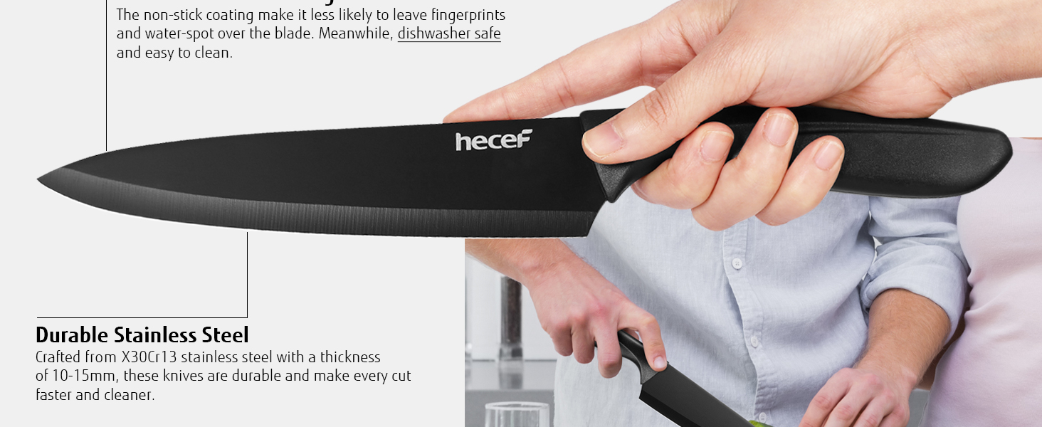 Набір кухонних ножів Hecef 15 предметів з бруском, чорний колір, антипригарне покриття, безпечний для миття в посудомийній машині, самозаточуваний брусок, ергономічні ручки, набір ножів для кухні для початківців та любителів готування (6 шт)