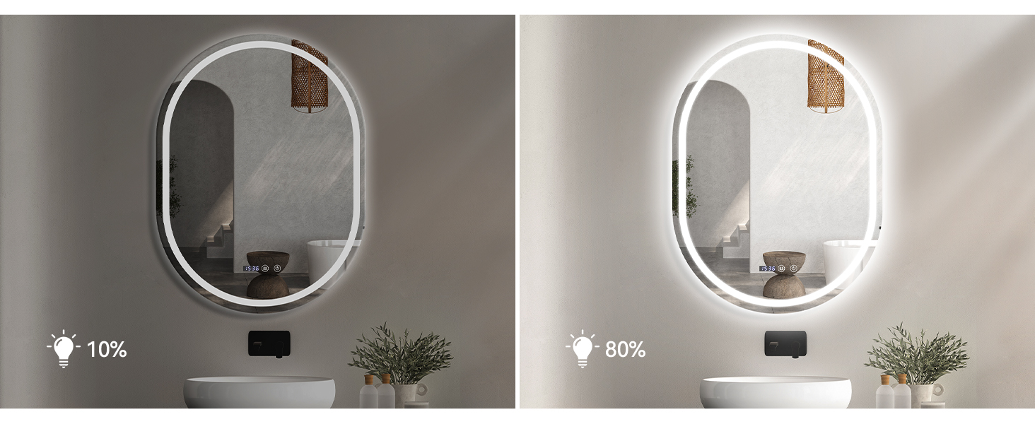 Дзеркало для ванної кімнати YU YUSING з підсвічуванням 80x60 см LED, 3 кольори світла, регулювання яскравості, антизапітніння, сенсорний вимикач, таймер, загартоване скло, IP44, овальне