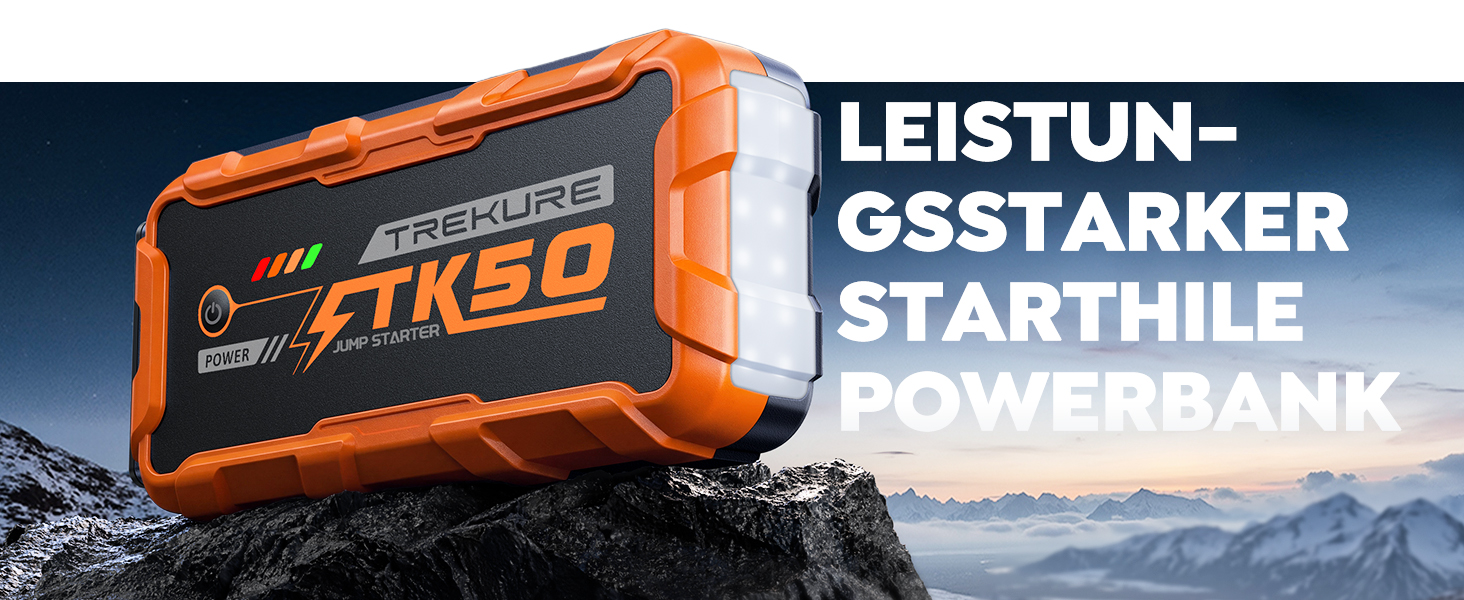 Бустер для автомобіля Starthilfe Powerbank 9000A 26800mAh — Пусковий пристрій для бензинових та дизельних двигунів (до 12.0L), 12V з ліхтарем 800 Лм та USB-портами, помаранчевий