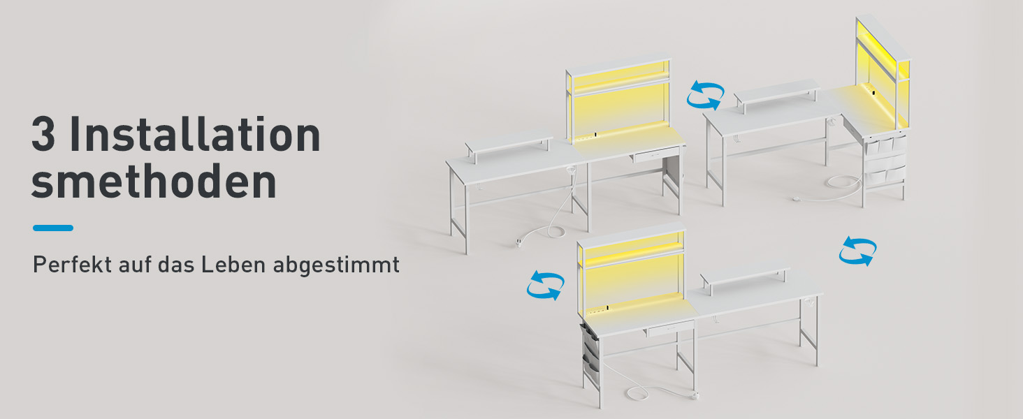 Ігровий стіл кутовий L-подібний з 3 розетками та 2 USB, LED підсвітка, стіл для комп'ютера з ящиками та підставкою для монітора, 150 x 100 см, білий