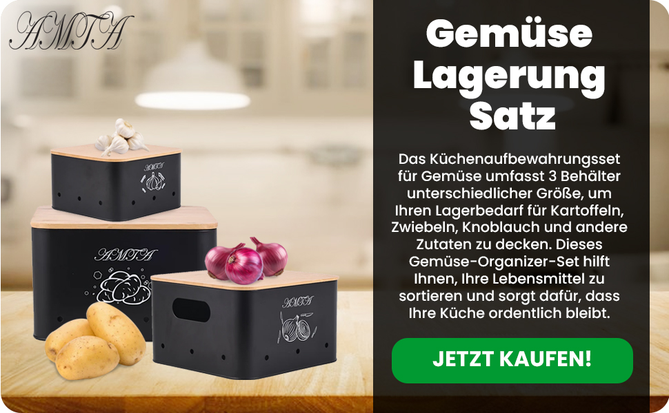 Набір контейнерів для зберігання картоплі, цибулі та часнику (3 шт) – Преміум-контейнери з циркуляцією повітря, вінтажний стиль, чорний колір