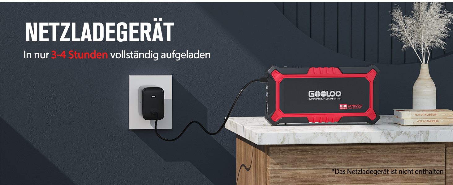 Powerbank Starthilfe GOOLOO GP2000 для автомобіля: 2000A, 12V, до 8.0L бензин/6.0L дизель, USB-швидка зарядка, LED, стартові кабелі