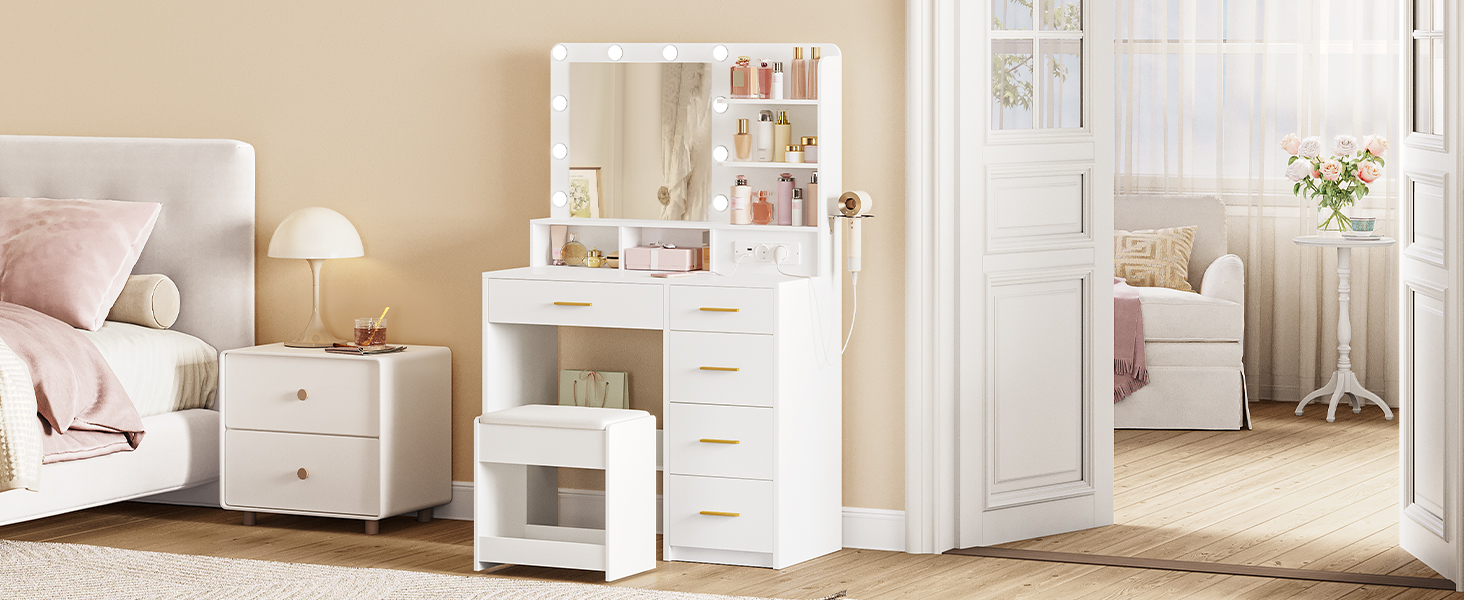 Дзеркальний туалетний столик Hzuaneri з LED-підсвіткою (10 LED), пуфом, великим дзеркалом, тримачем для фену та шухлядами, білий DT39003X