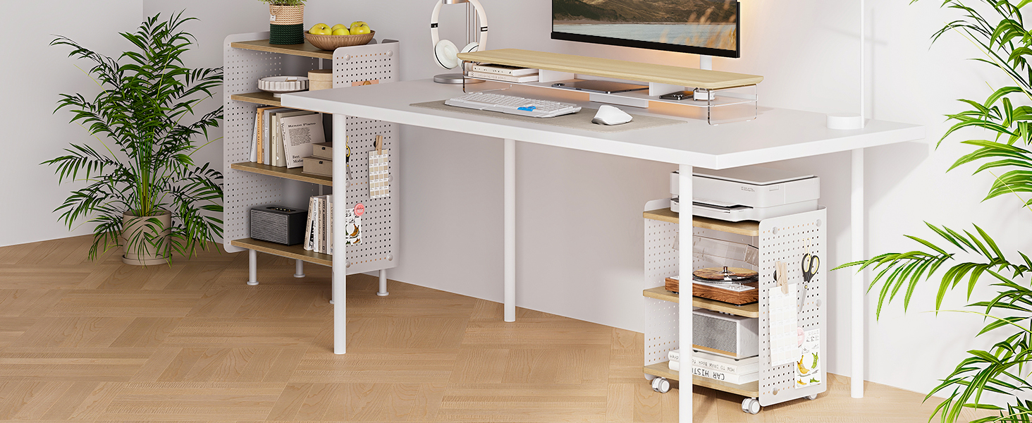 Стіл для принтера Fenge з колесами, мобільний тримач для принтера з перфорацією, 3 рівні, стійка для принтера/роликовий контейнер з органайзером, полиця, шафа для документів, для офісу та дому, 45,3x33,5x53,5 см (Дуб+Білий)