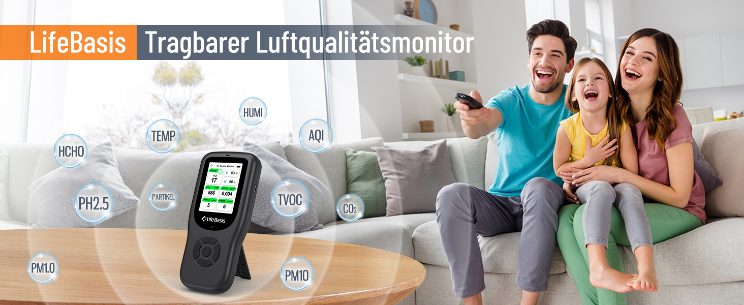 Детектор якості повітря LifeBasis 10 в 1: формальдегід, AQI, PM2.5/PM10, HCHO, TVOC, CO2, температура, вологість. USB зарядка для дому та офісу