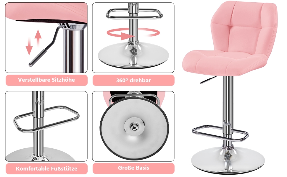 Барні стільці Yaheetech, комплект з 6 шт., регульована висота, обертання 360°, з підніжкою, PU-шкіра, рожеві