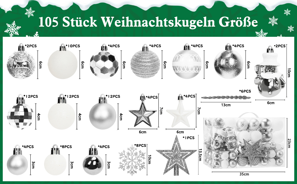 Набір різдвяних куль з 105 предметів, пластикова ялинкова прикраса, сріблясто-біла прикраса для різдвяної ялинки