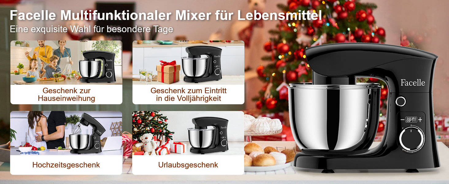 Кухонна машина Facelle 1500W з місткістю 5,5/4,5л: міксер, тістоміс, набір насадок, тиха робота (чорний)