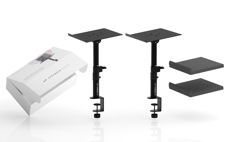 Стійка для акустики Sprenger з кріпленням для столу – регулювання ±20°, до 28кг – з демпфером з піни – стабільна та міцна – для студії, столу та DJ-setup – чорний колір