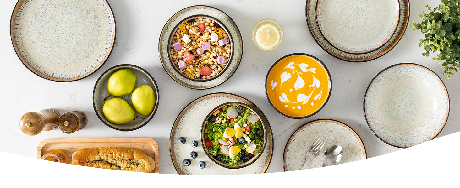 Набір посуду Vancasso AMBER на 12 осіб, 48 предметів: тарілки обідні, десертні, супові, миски. Реактивна глазур, жовтий. Підходить для мийки посуду