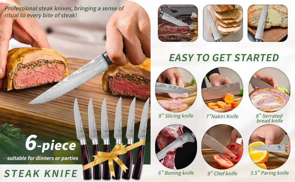 Набір кухонних ножів Fullhi 14 предметів з бруском для заточування: кухонні ножі, ножі для стейку, барвисті ручки. Ідеальний подарунок для чоловіків та жінок.