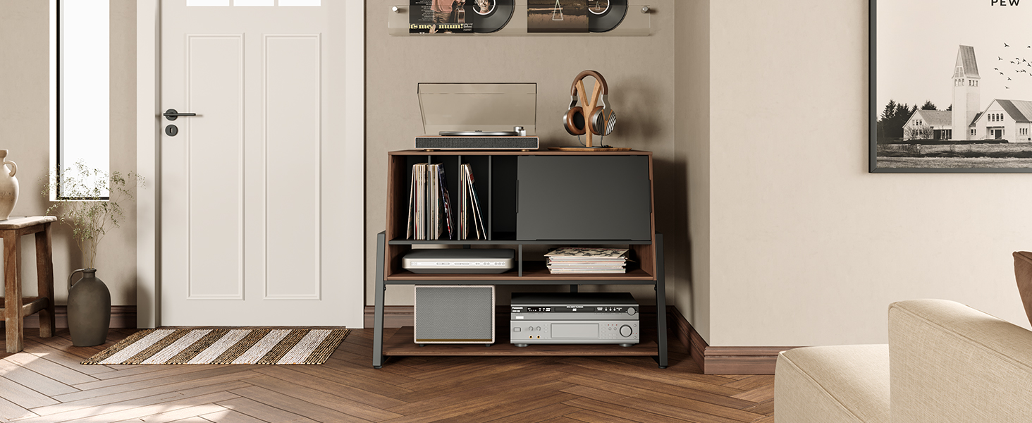 Стіл для програвача FITUEYES DESIGN з дерева, велика тумба Hi-Fi з висувною дверцятами, полиця для 120 платівок, вантажопідйомність 50 кг, серія Eiffel