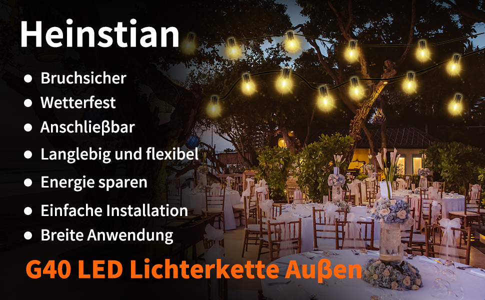 LED гірлянда на батарейках для зовнішнього використання, 10 метрів, 17+1 тепле світло G40, вологостійка IP45, для саду, балкону, тераси