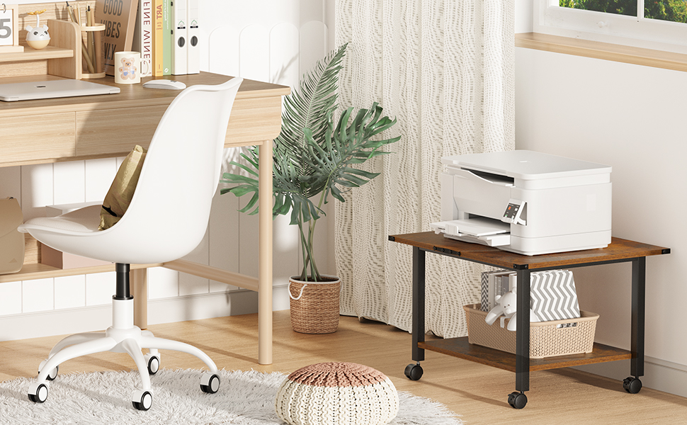 Стіл для принтера LELELINKY з роликами, мобільний двоярусний стійка для принтера, підставка для принтера з фіксуючими колесами, візок для принтера для офісу, факсу та дому, 52,5 x 40 x 36 см, Колір: Коричневий