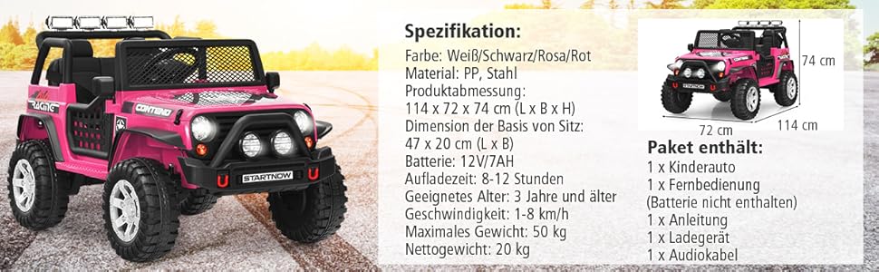 Дитячий електромобіль COSTWAY 12V, музика, USB, MP3, радіо, 3 швидкості, дистанційне керування, рожевий, для дітей від 3 років