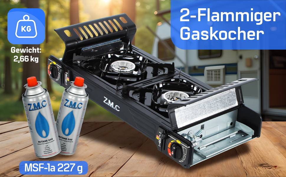 Преміум туристичний газовий набір ZMC: 2-конфортний газовий нагрівач 2,5 кВт з Piezo-запалюванням та валіза для транспортування | Для кемпінгу, балкону та дому | Включає гриль-плиту 45×24 см та газові картриджі 227г