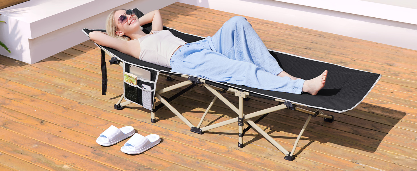 Розкладне ліжко для кемпінгу та відпочинку Yaheetech, похідне ліжко-шезлонг з кишенею та сумкою для транспортування, сіре, до 150 кг