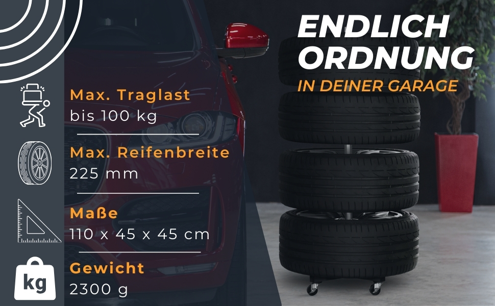 Стійка для шин Bonsport, до 225 мм, на колесах - органайзер для 8 шин з маркерами, вантажопідйомність 100 кг