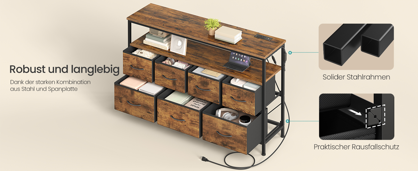 SONGMICS BELLAH: Комод, шафа, LED-підсвічування, тумба з зарядкою, індустріальний стиль, вінтажний коричневий + чорний, 7 ящиків, LGS723KD01