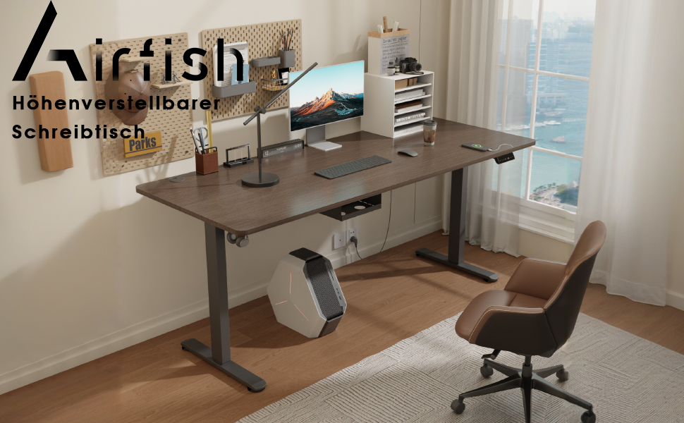 Електричний стіл Airfish з регулюванням висоти 140x70 см, з кабельною коробкою та USB-портом. Офісний стіл, стоячий стіл з нагадуванням про сидячий спосіб життя, горіхове дерево.