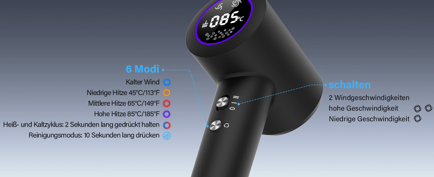 Професійний фен для волосся з дифузором, безщітковий двигун 110 000 об/хв, 400 млн плазмових іонів, низький рівень шуму 57дБ, чорний