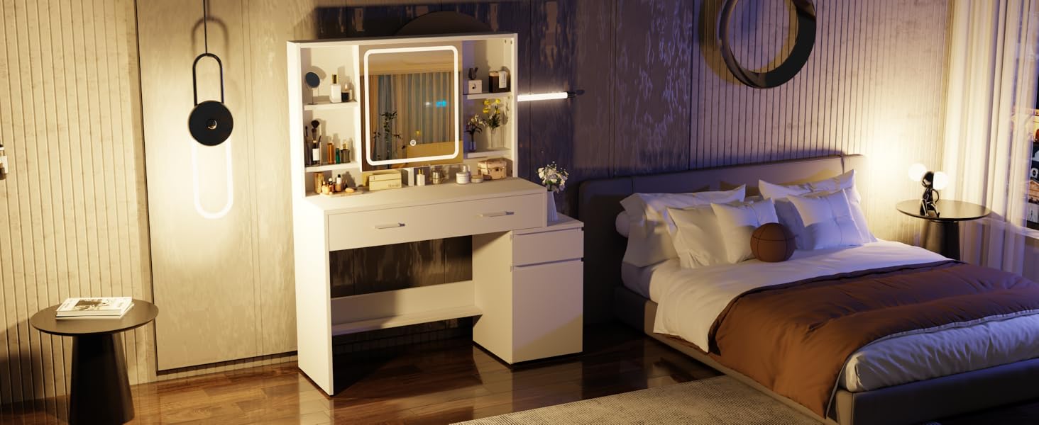 Дзеркало для макіяжу JUMMICO з LED-підсвічуванням, регульована яскравість та колірна температура, органайзер, туалетний столик з ящиками та регульованими полицями, 110x40x140 см