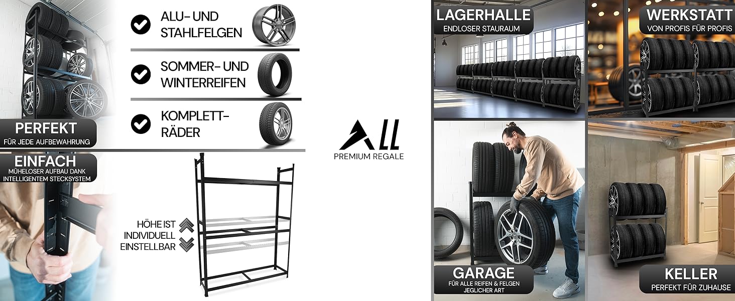 Стійка для шин Premium 8 шин, 100x110x40 см, чорна, 175 кг, для гаража та складу